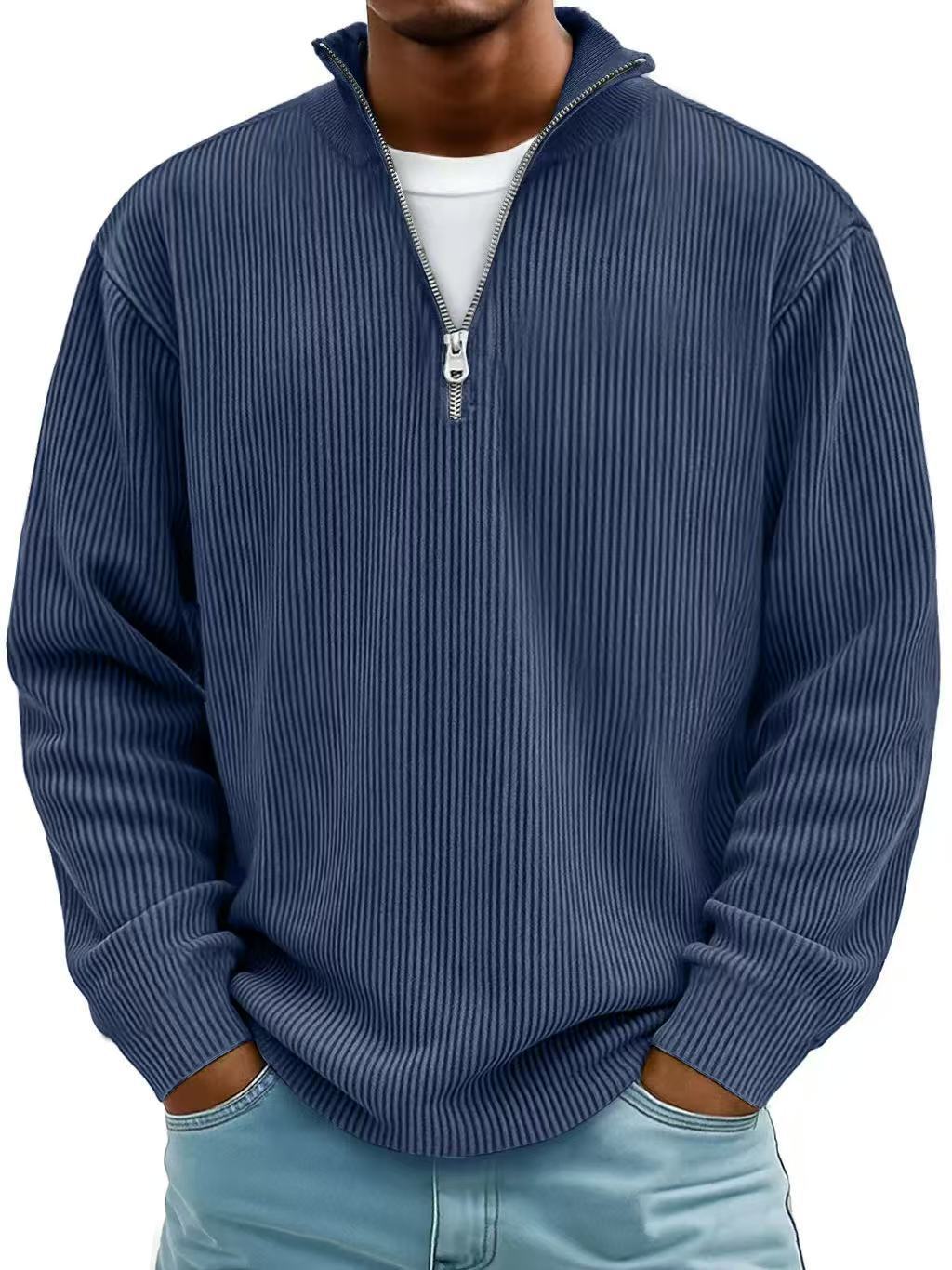 Casual Ribbed Stand Collar Corduroy Zipper Long Sleeve Pullover