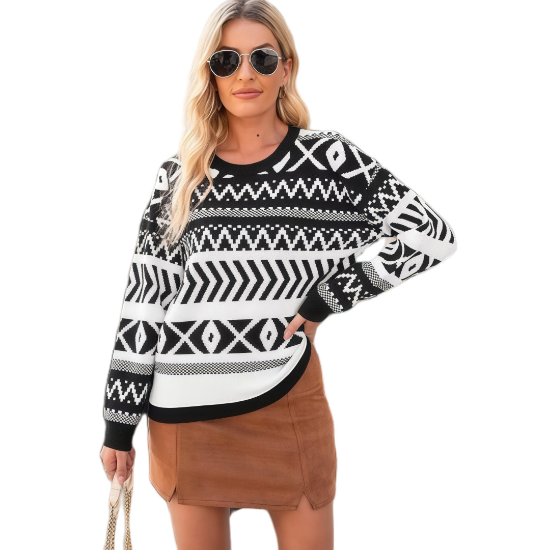 Pull en maille à manches longues et col rond au style intellectuel unique