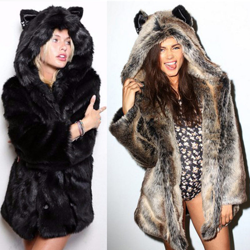 Gray & Black Hooded Rabbit Ears Coat in S-XXXL Artificial Fur