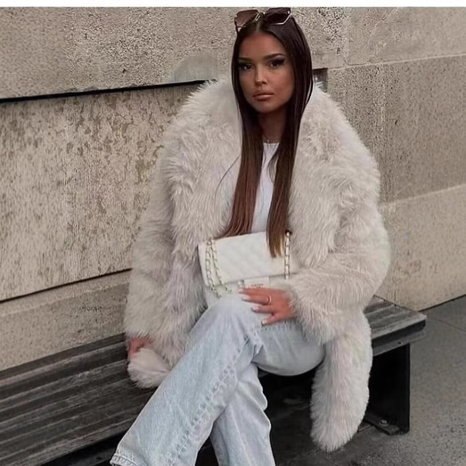 Women’s Thick Artificial Fur Warm Coat with Fur Collar