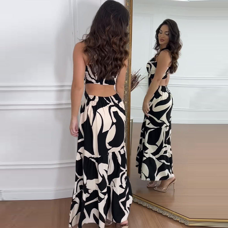 Robe longue dos nu à col carré imprimée pour femme