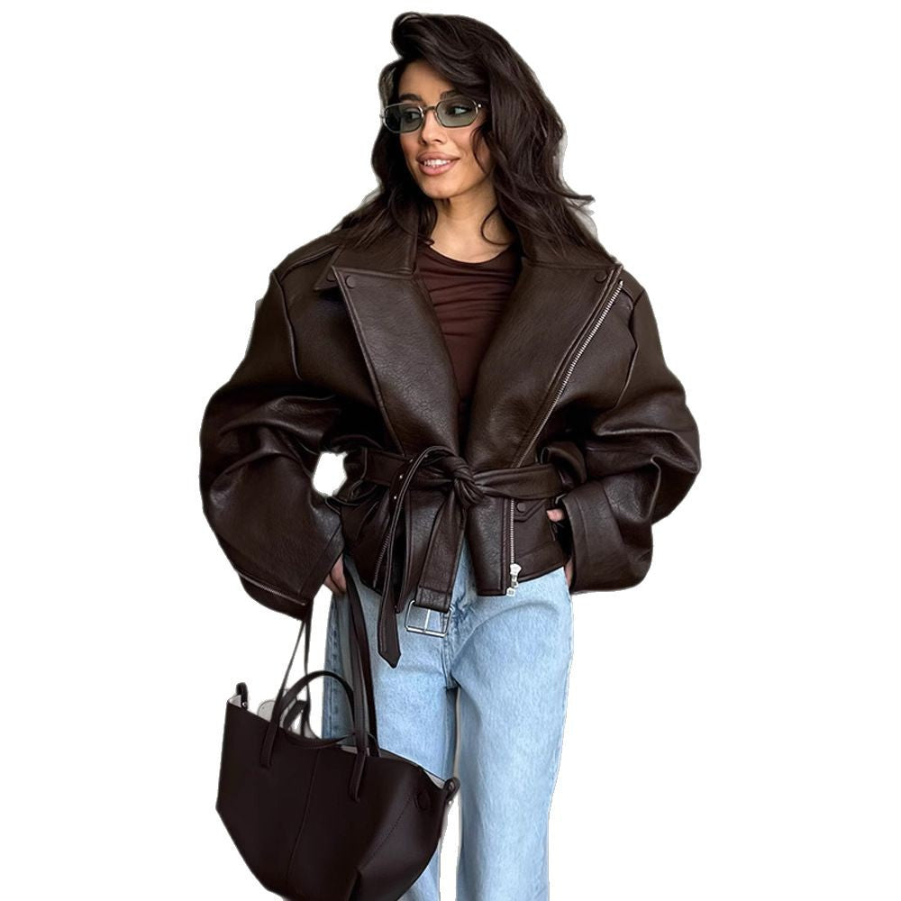 Women’s Brown Short Lace-Up Leather Coat, Sizes S-XL
