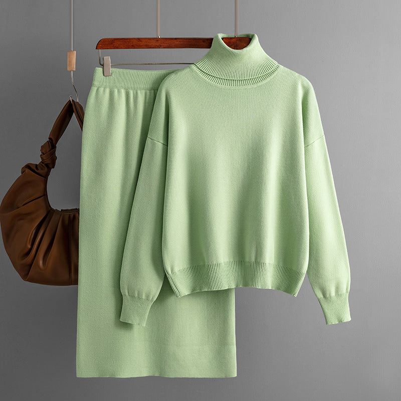 طقم سويتر بياقة عالية وتنورة ضيقة من القطن الميرسري الموحد اللون لفصلي الخريف والشتاء