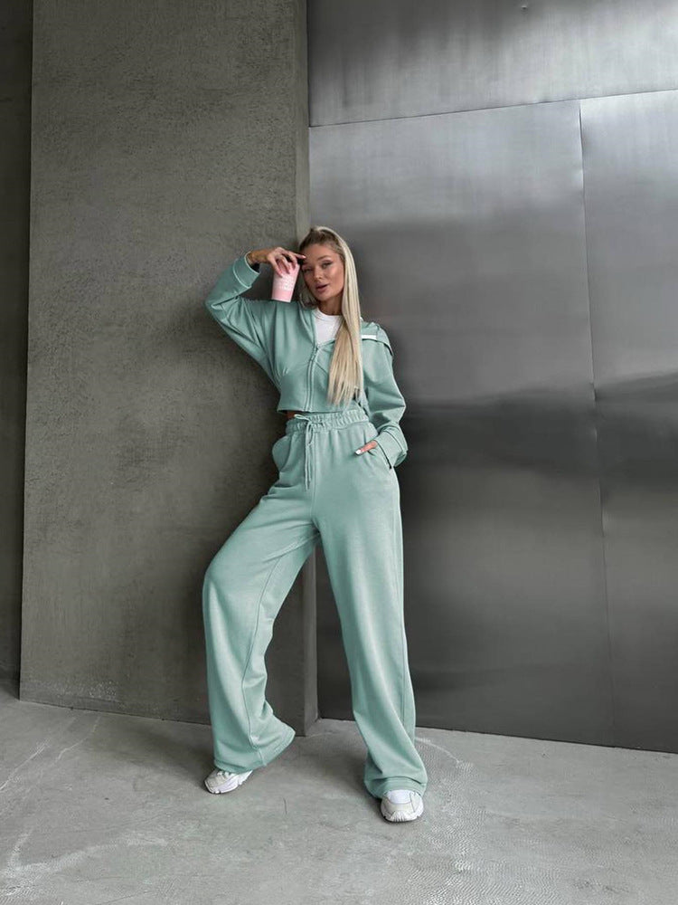 Ensemble deux pièces pull à capuche zippé à manches longues et pantalon à lacets uni