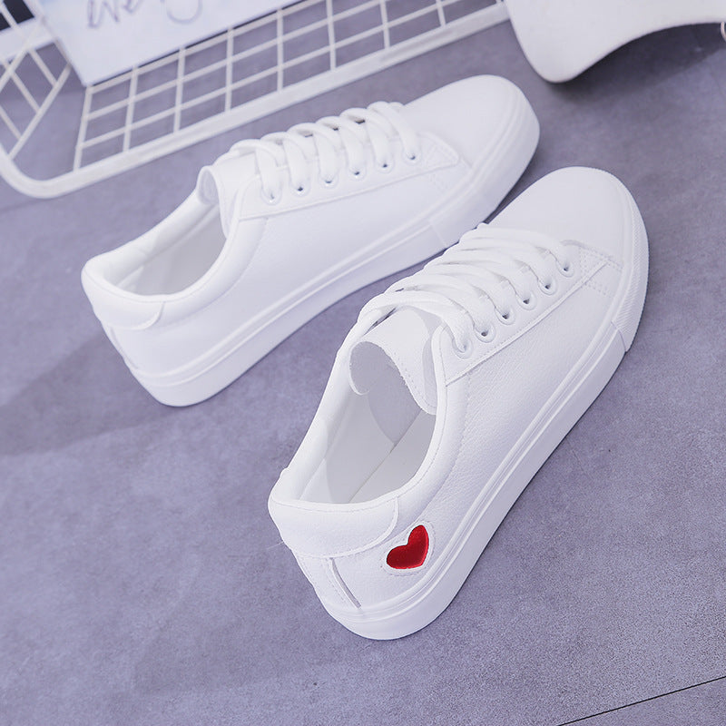Women’s PU Leather Heart Flats Casual Breathable White Sneakers