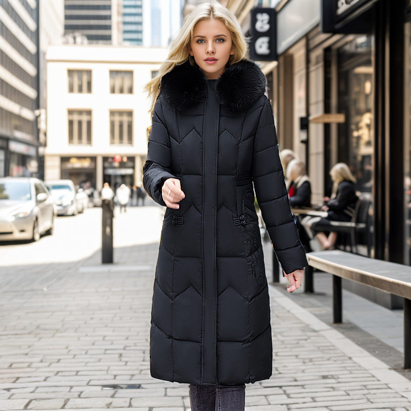 Winter Cotton-Padded Long Coat with Thick Fur Collar for Women
