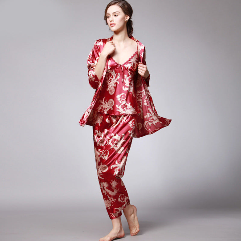 Ensemble de pyjama trois pièces en soie artificielle pour femme