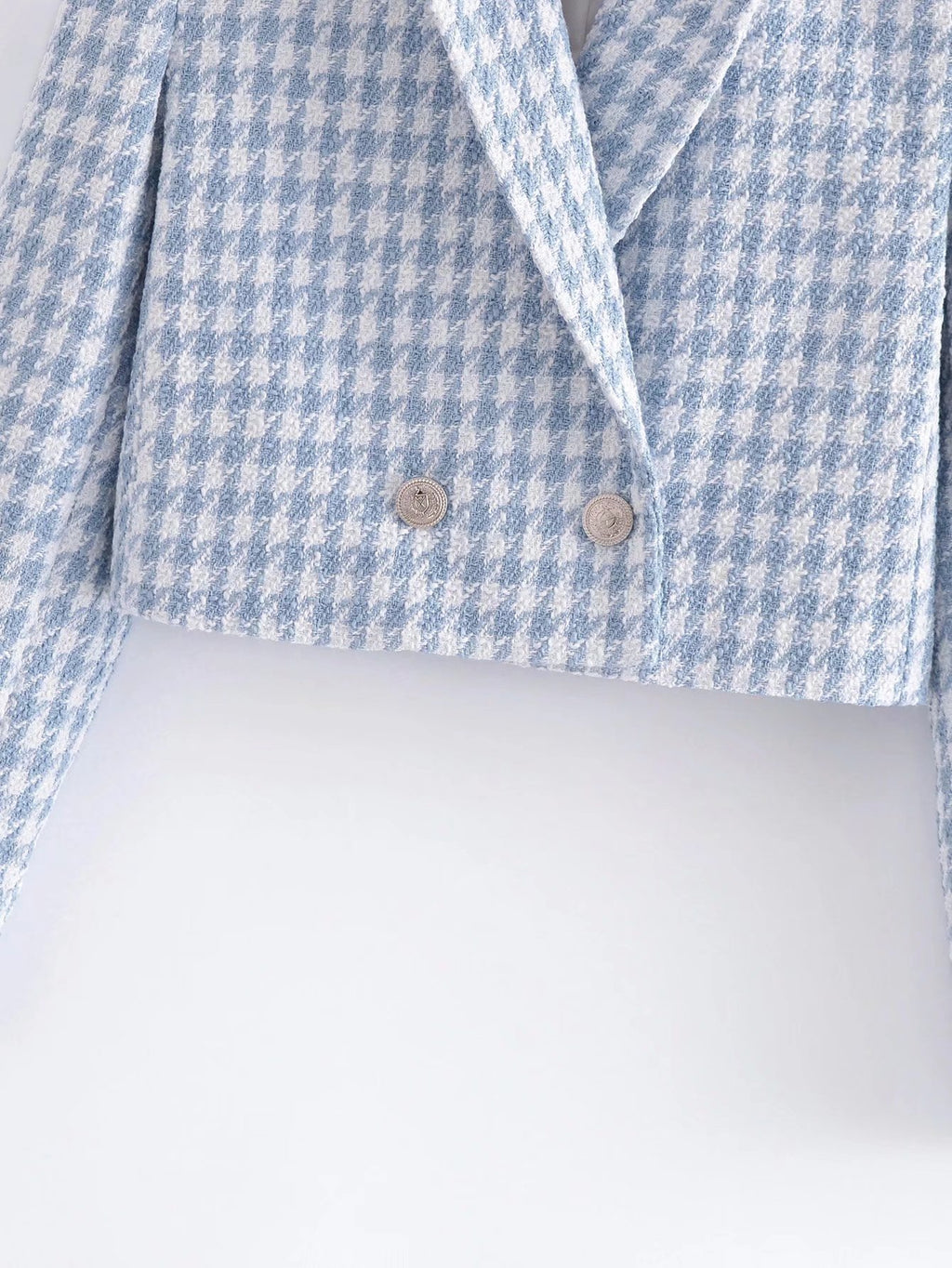 Women’s Slim Short Suit Coat in Light Blue Checker with Thousand Bird Pattern