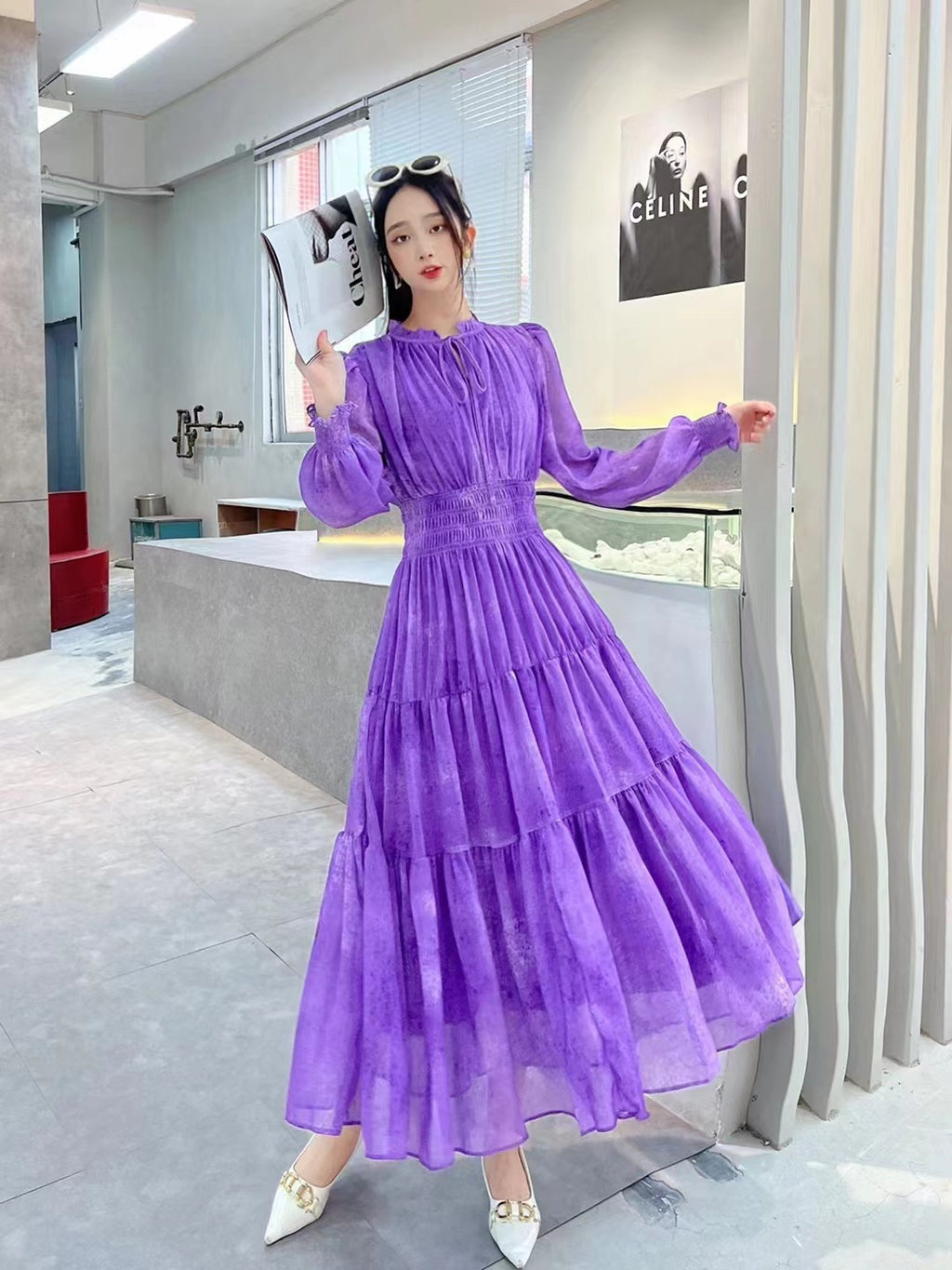 Robe de thé en mousseline élégante française mi-longue à manches bouffantes