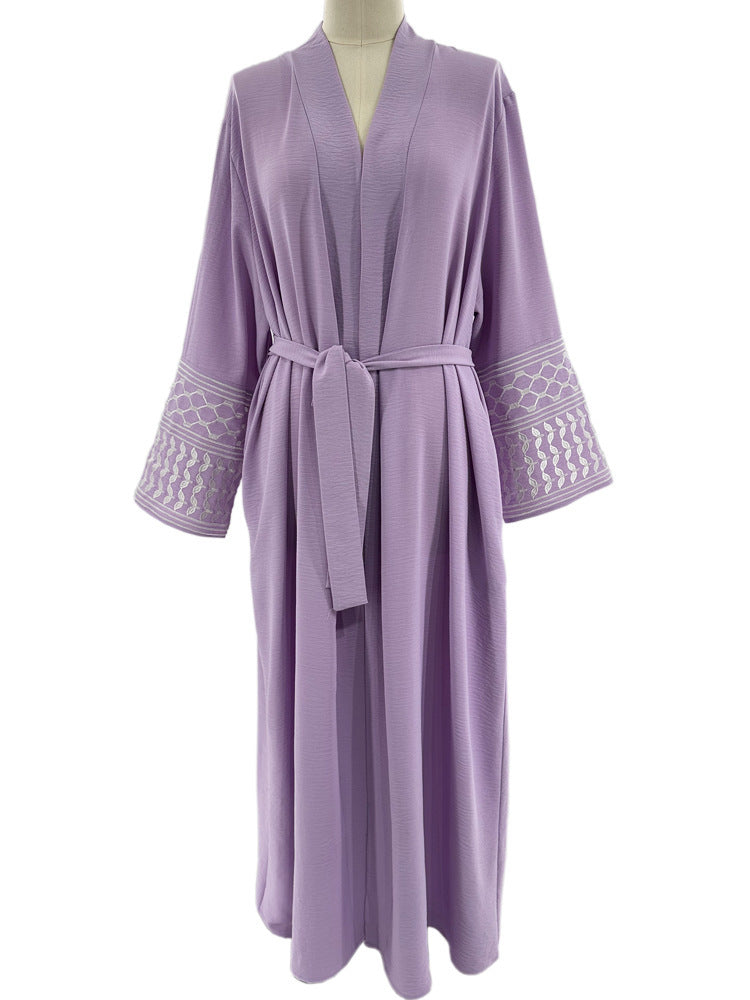 Machine Embroidery Pocket Cardigan Lace-up Robe for Middle Eastern Women