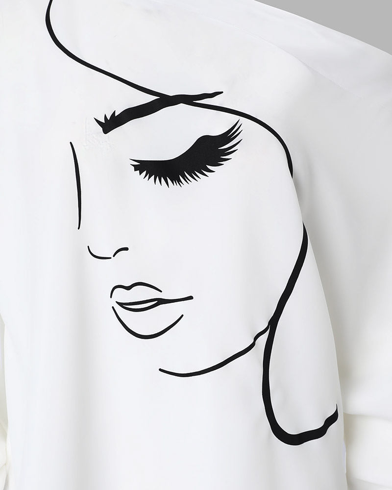 Summer Women's White Face Print Top with Princess Sleeves