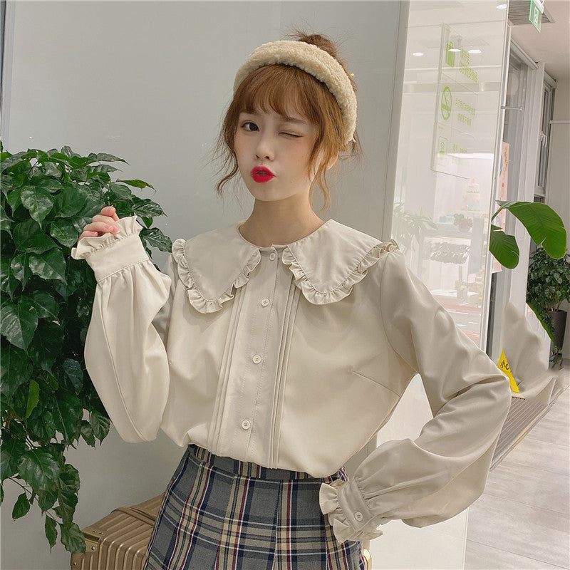 Jk Uniform Sweet Doll Collar Long Sleeve Top White Apricot One Size