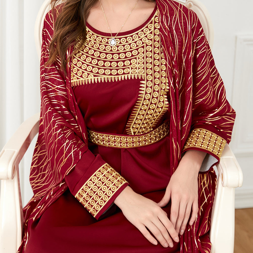 Round Neck Embroidered Gilded Long Sleeve A-Line Dress for Middle Eastern Women