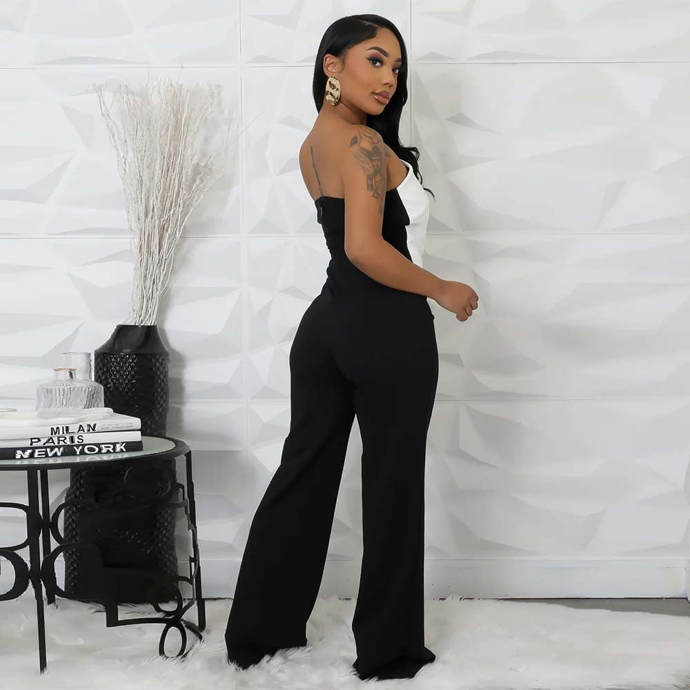 Women's Black and White Sleeveless Button Jumpsuit Mid Waist