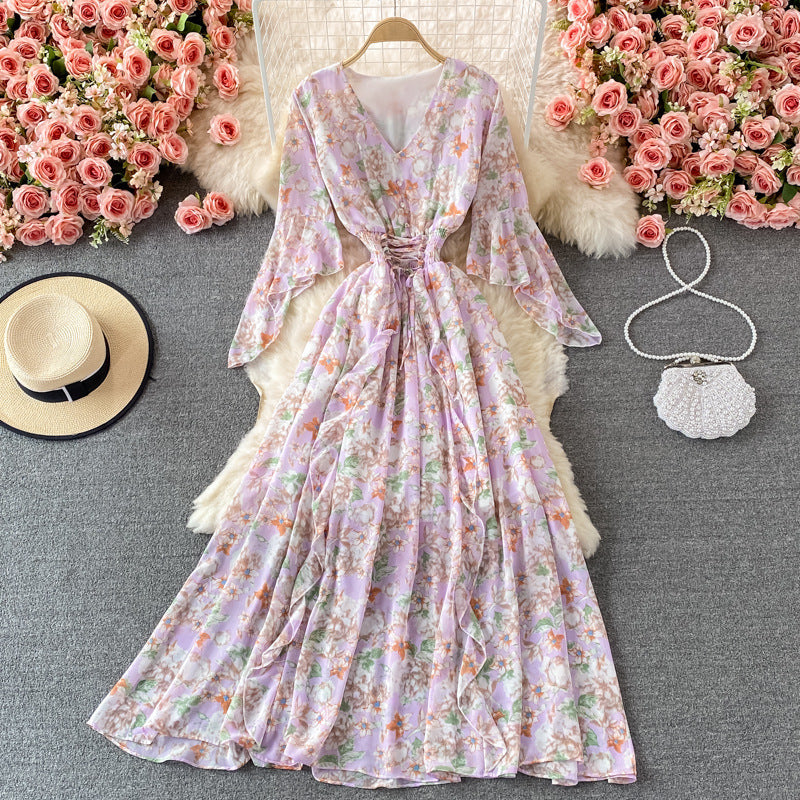 Women's V-Neck Floral Chiffon Dress One Size