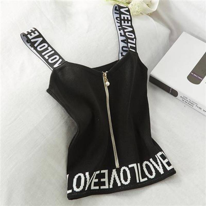Short English Letter Knit Halter Pearl Zipper Small Vest