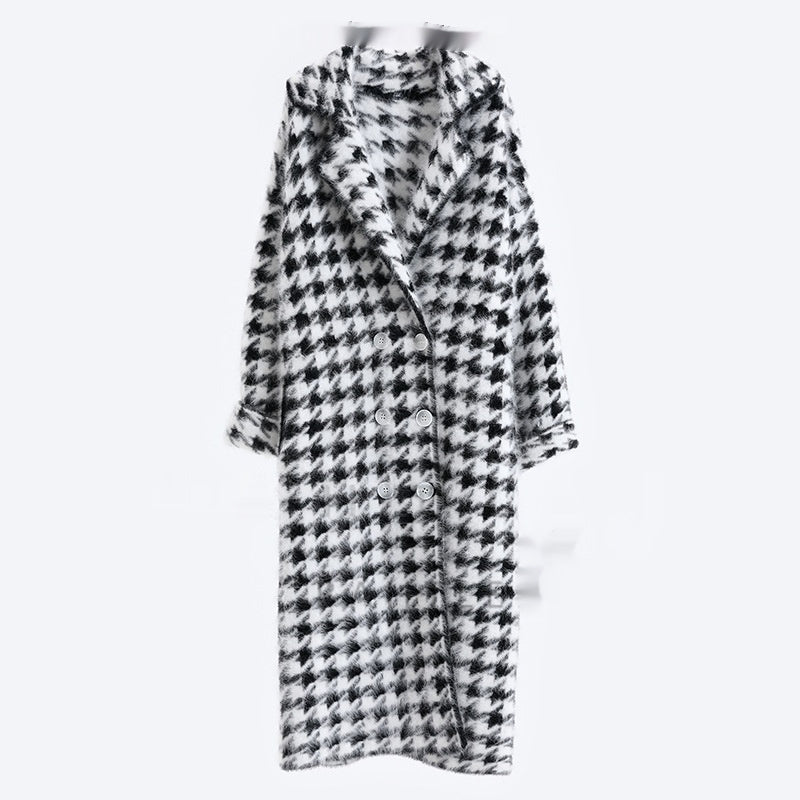 Long manteau de fourrure de vison épaisse noire et blanche pour femme