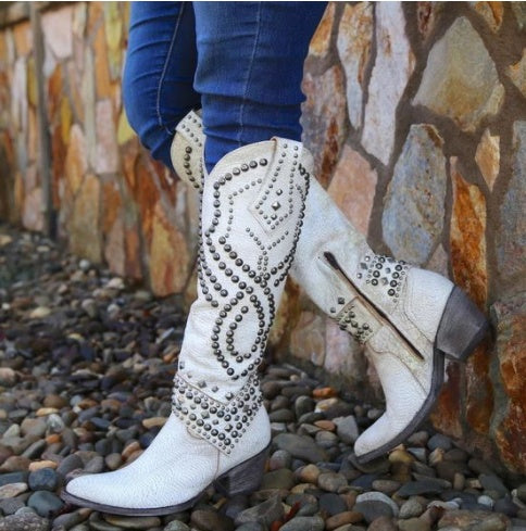 Plus Size Rivet Mid Heel High Boots