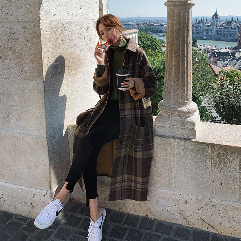 Manteau ample en laine épais à carreaux pour femme, automne-hiver, en fibre de polyester marron