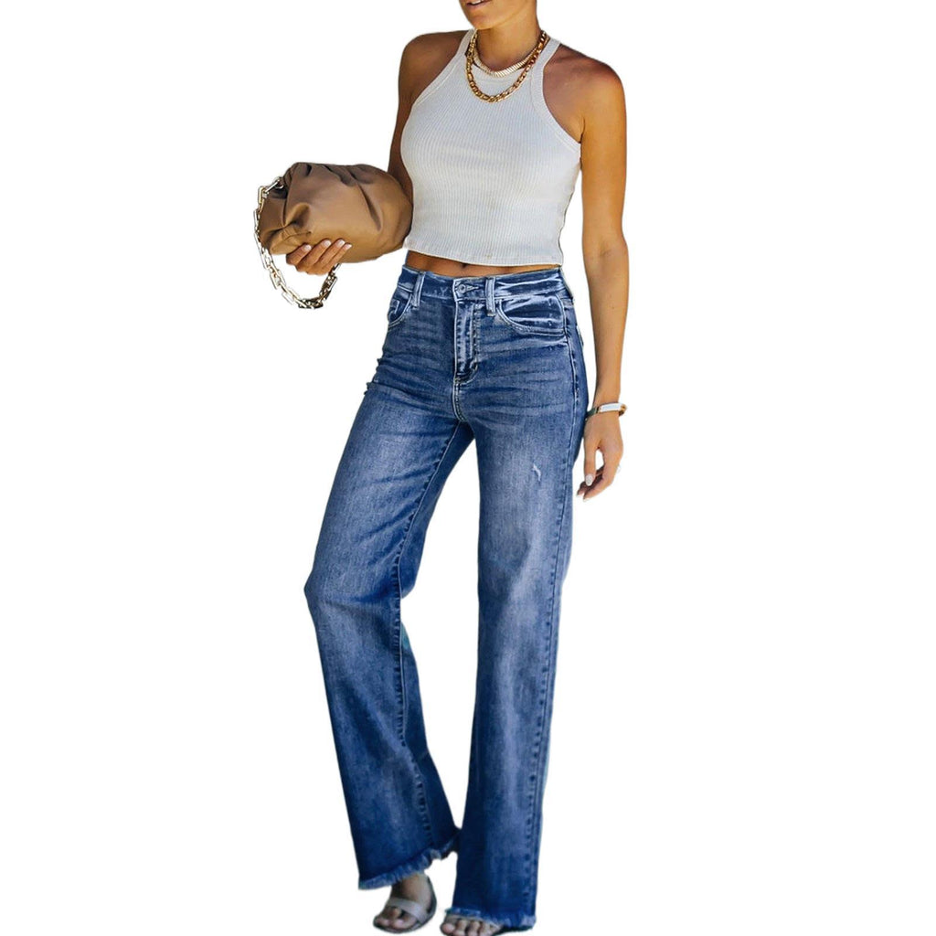 Pantalon droit hipster femme en jean délavé bleu taille mi-haute