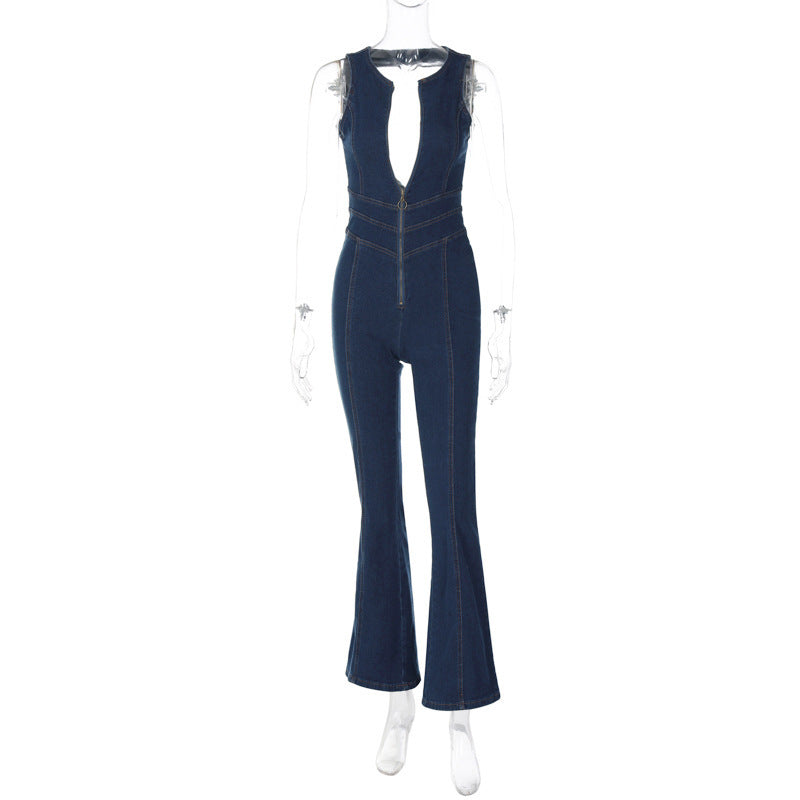 Combinaison salopette en jean rétro taille haute pour femme
