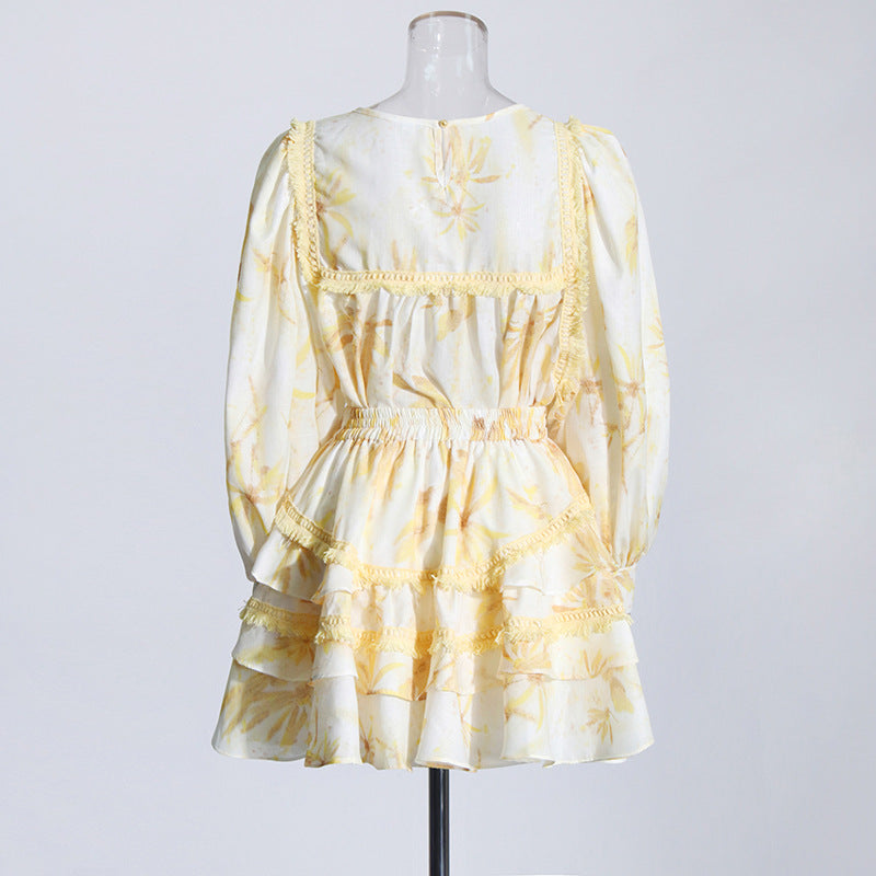 Women’s Fashion Floral Ruffles Skirt Suit with Lantern Sleeves