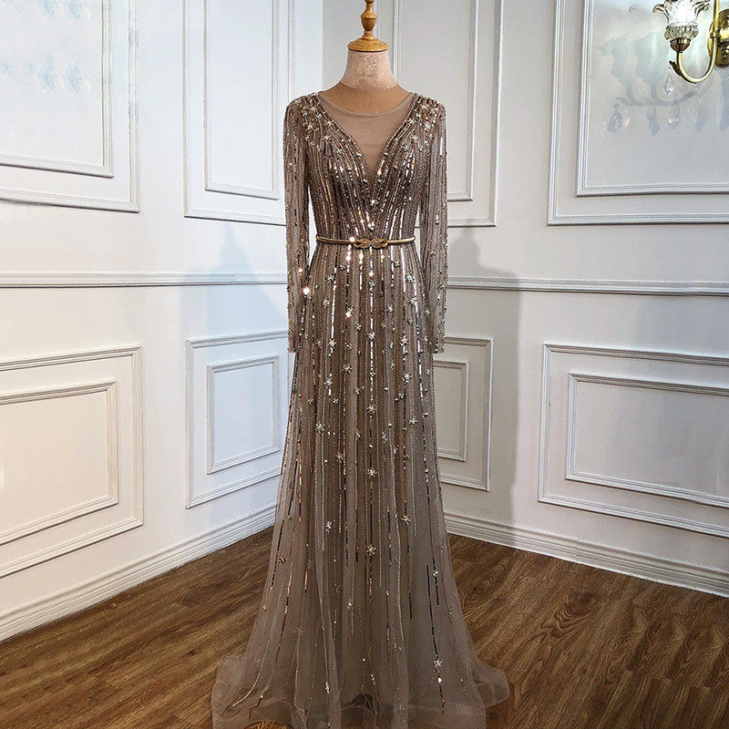 Luxury Temperament Beaded Evening Dress with V-Neck and Long Sleeves