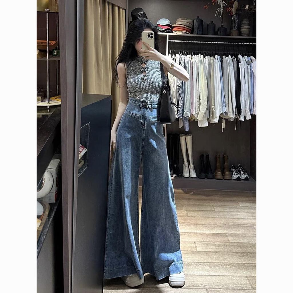 Jean large taille haute rétro bleu longueur ras du sol pour femme