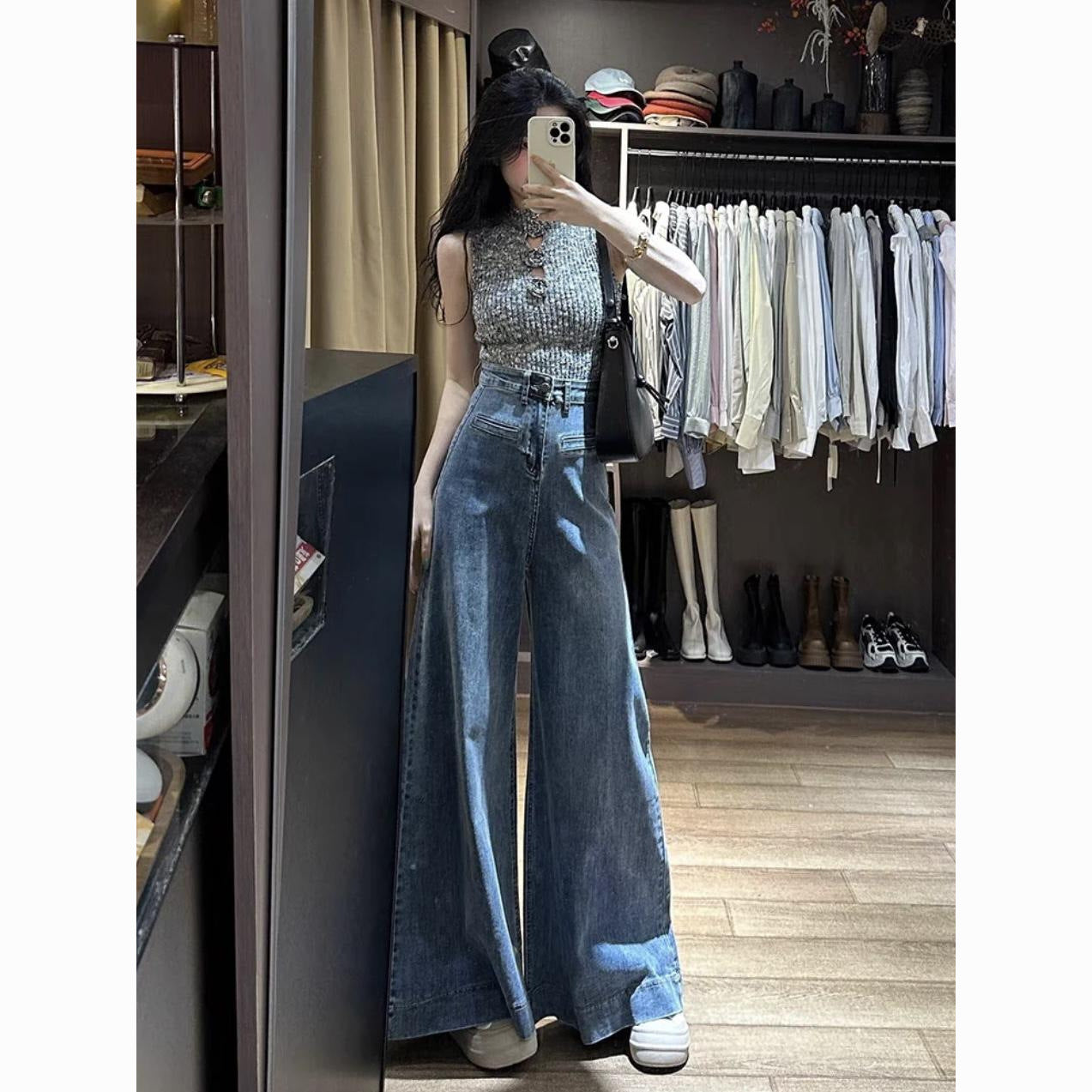 Jean large taille haute rétro bleu longueur ras du sol pour femme
