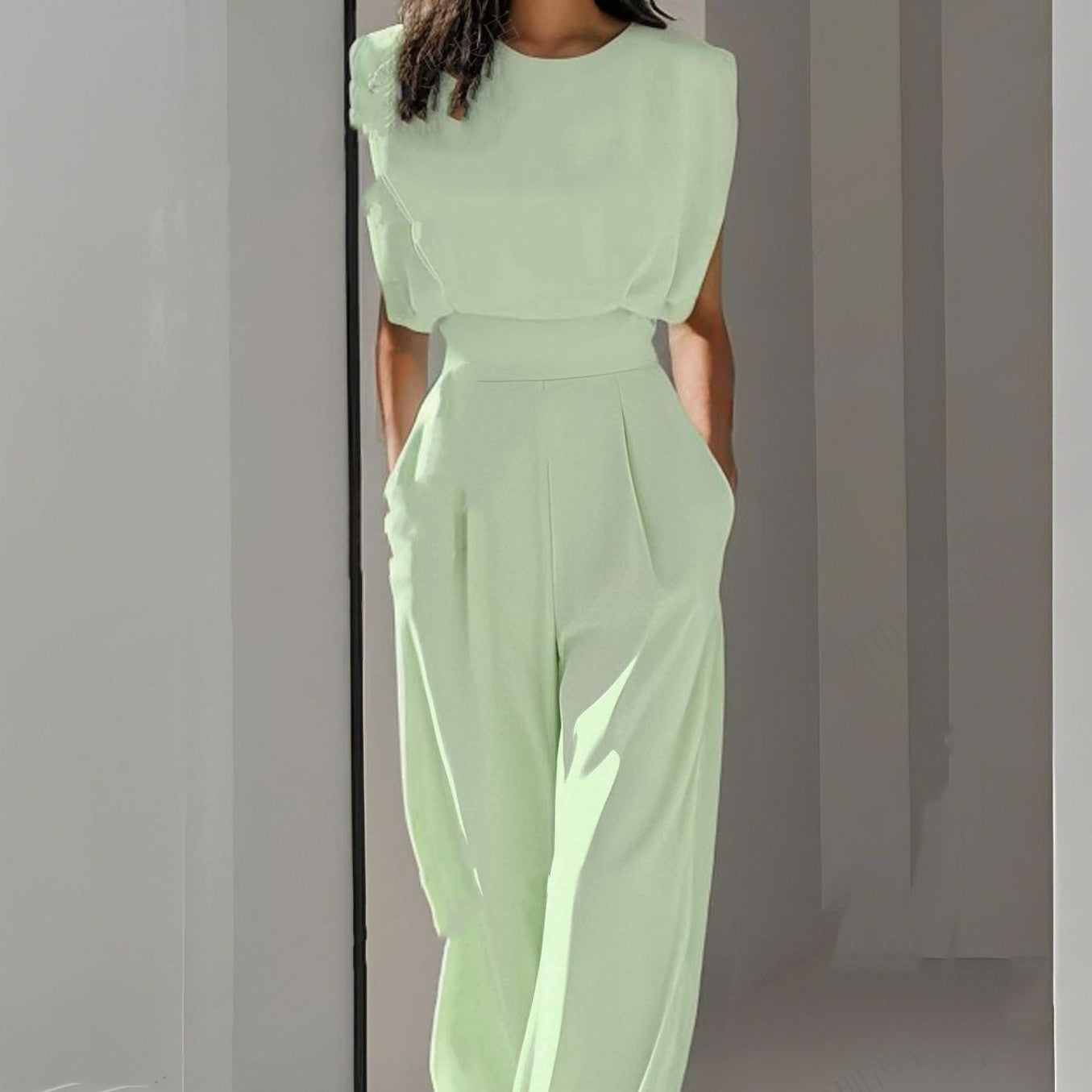 Summer Solid Color Sleeveless High Waist Jumpsuit