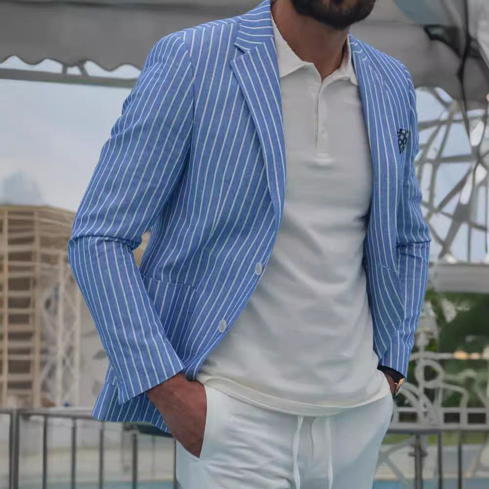 Veste de costume décontractée ample rayée et fine en coton et lin pour homme