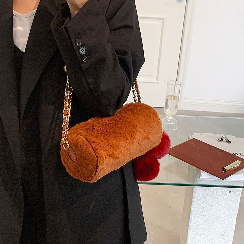 Winter Plush Cylinder Baguette Bag with Cherry Metal Chain