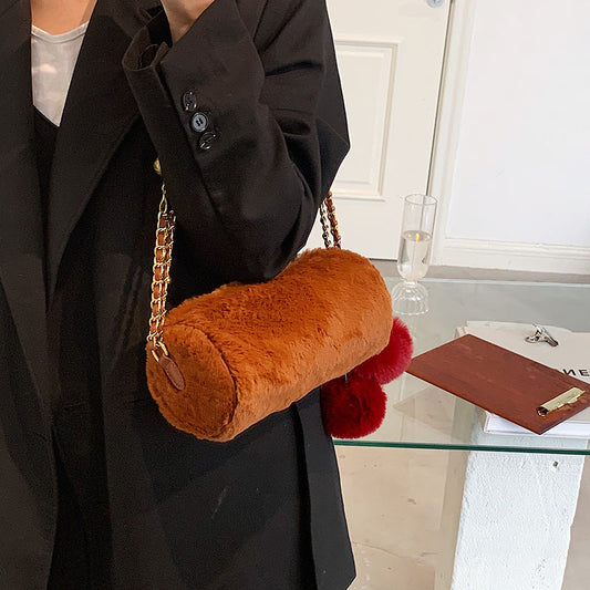 Winter Plush Cherry Metal Chain Cylinder Baguette
