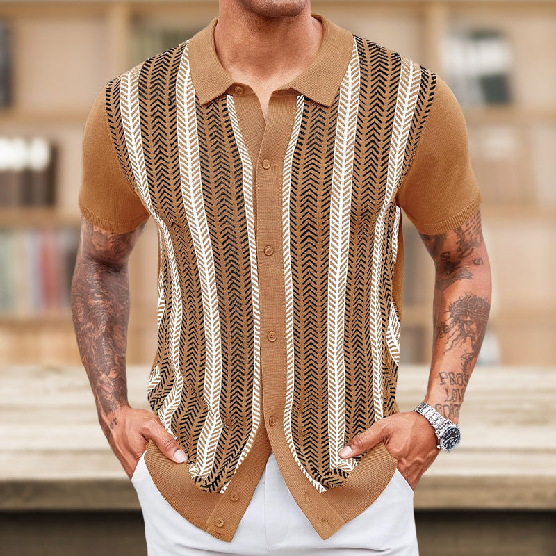Men's Casual Striped Jacquard Short Sleeve Sweater Summer Sizes M-3XL