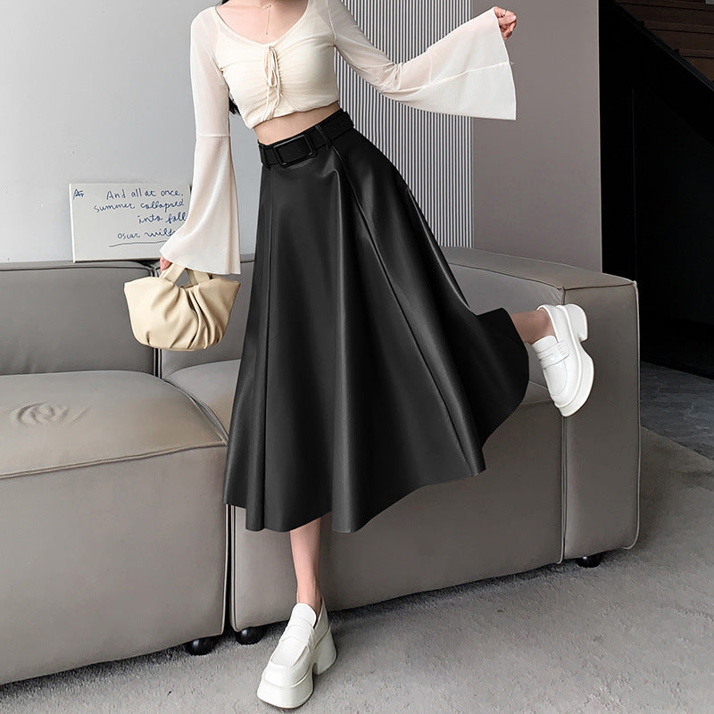 Jupe midi trapèze taille haute en peau de mouton pour femme