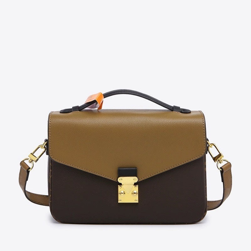 Women's Color Matching Genuine Leather L Square Messenger Shoulder Bag 25x19x7cm