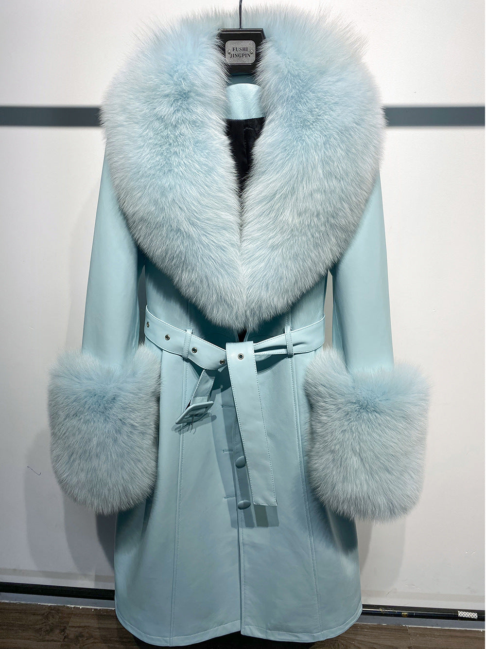 Slim-Fit Genuine Leather Sheepskin Coat with Fox Fur Collar