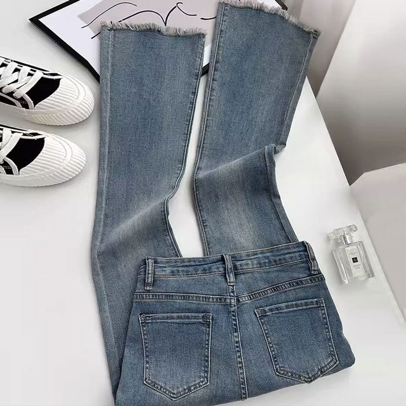 Jean skinny taille haute rétro personnalisé pour femme en bleu vintage, noir et gris