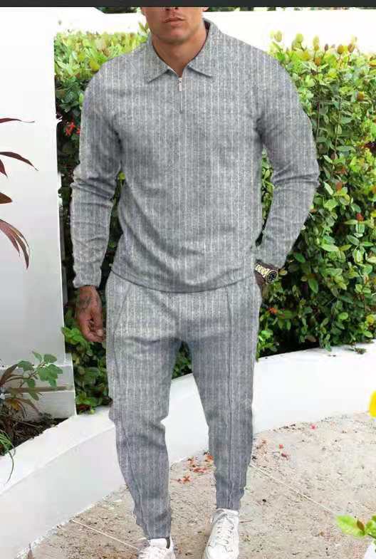 Slim Trendy Casual Striped Men's Suit with Trousers and Long Sleeve Top