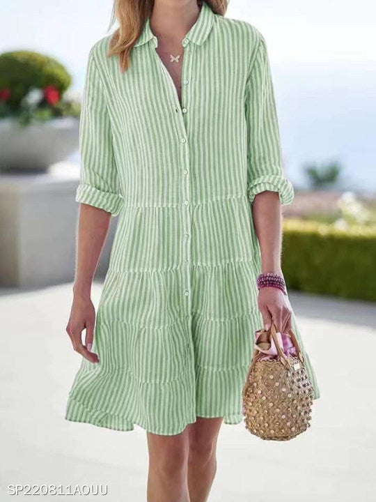 Striped Long-Sleeve Lapel Button Shirt Dress for Women