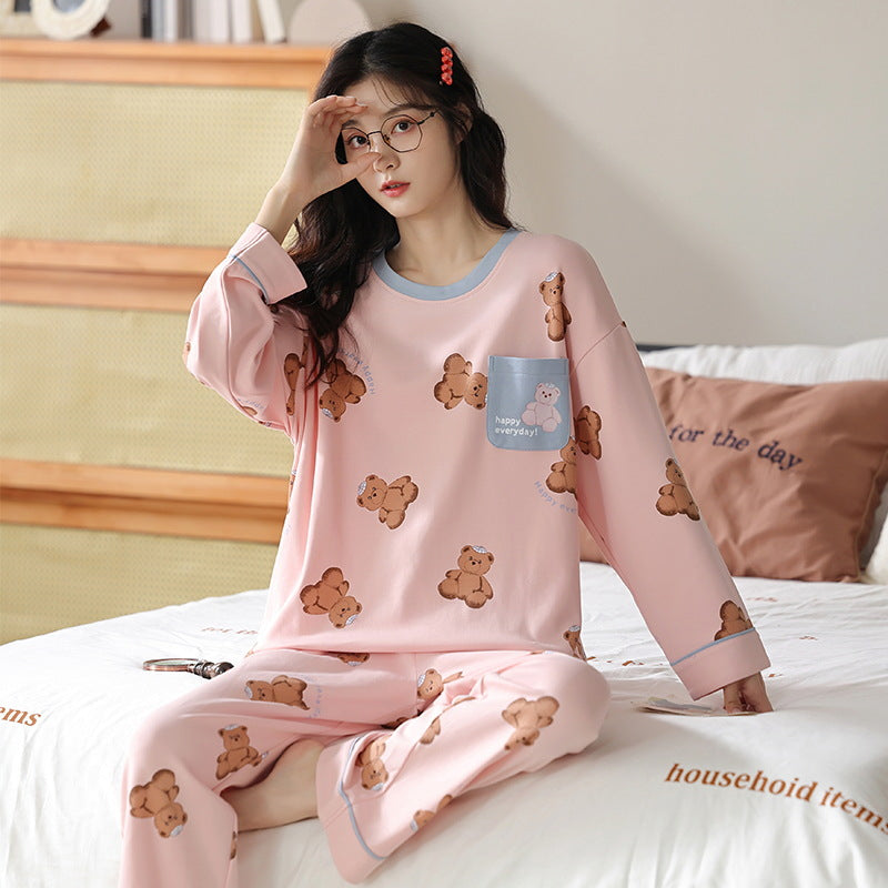 Ensemble de pyjama en coton mélangé imprimé ample pour femme - Haut à manches longues et pantalon - Vêtements de nuit et de détente pour automne et hiver