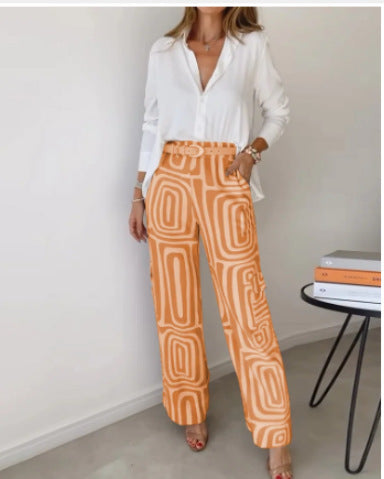 Ensemble chemise décontractée à manches longues et revers pour femme et pantalon ample imprimé