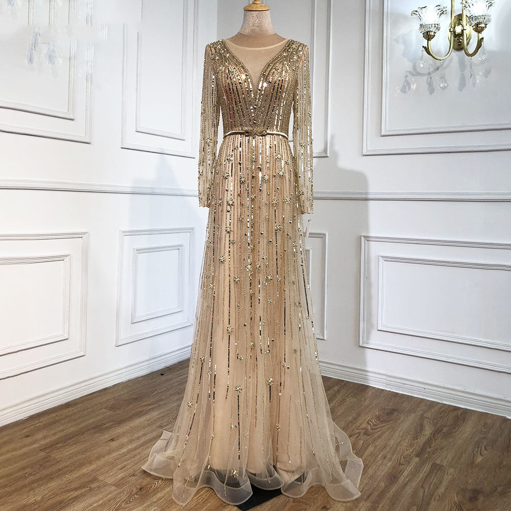Luxury Temperament Beaded Evening Dress with V-Neck and Long Sleeves