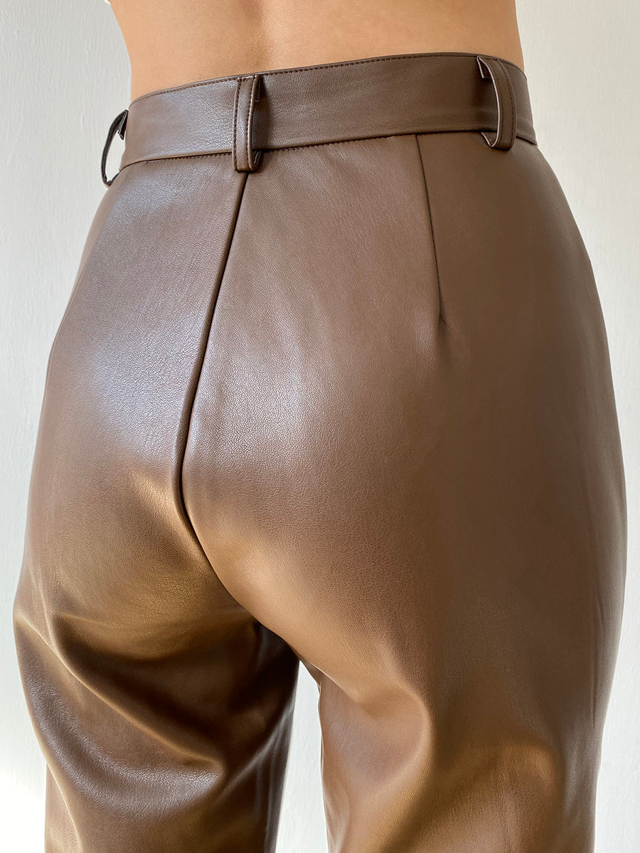 Brown PU Leather High Waist Slim Fit Straight Leg Pants with Cashmere