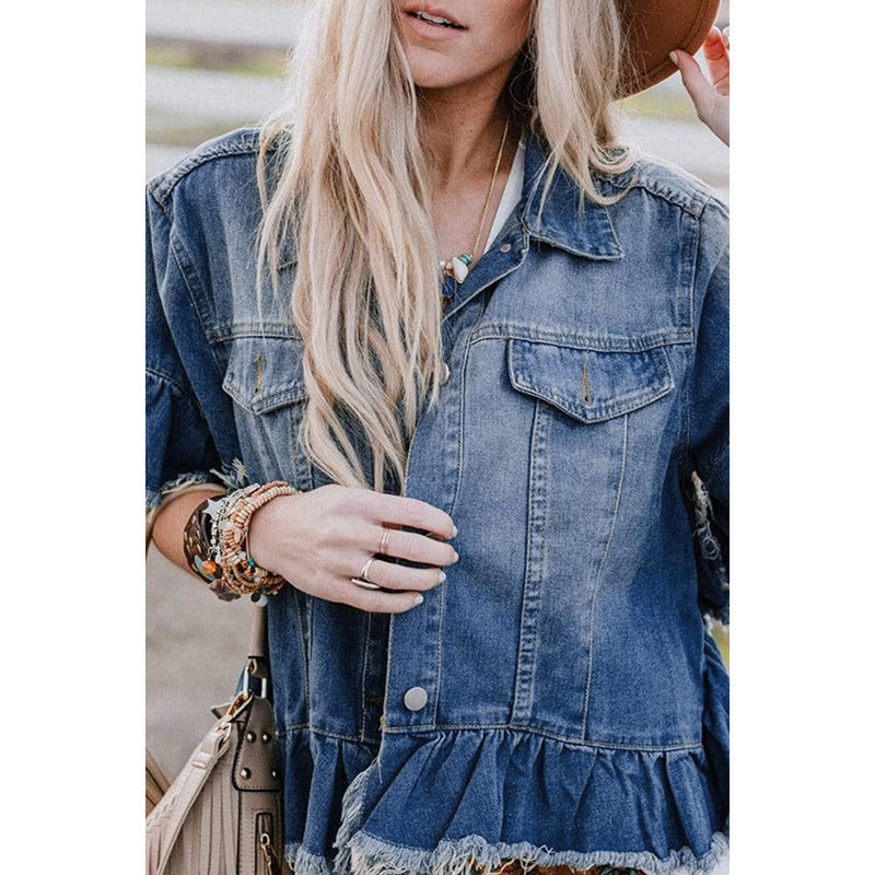 Women’s Loose Denim Jacket with Ruffled Short Sleeves