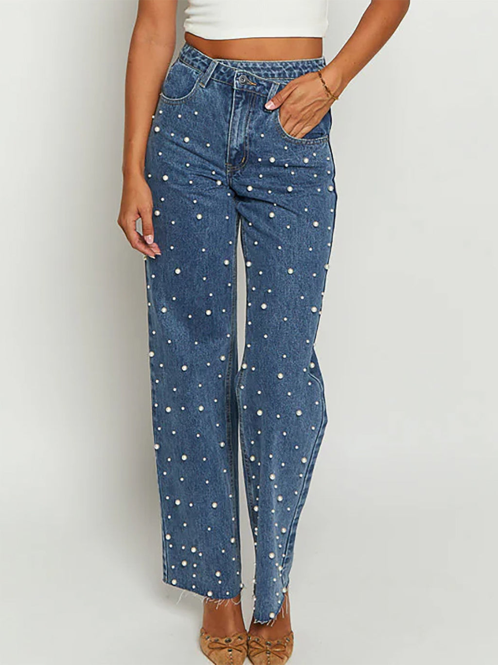 Oblique Waist Blue Denim Straight-Leg Beaded Frayed Hem Jeans