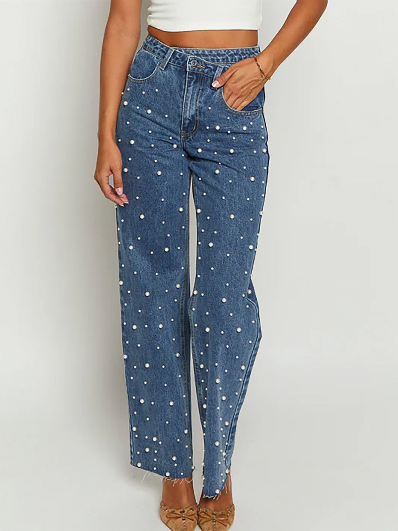 Oblique Waist Blue Denim Straight-Leg Beaded Frayed Hem Jeans