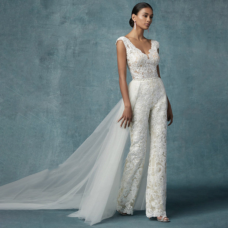 Embroidery Lace Sleeveless Wedding Dress Two-Piece Suit with Removable Skirt by Silk