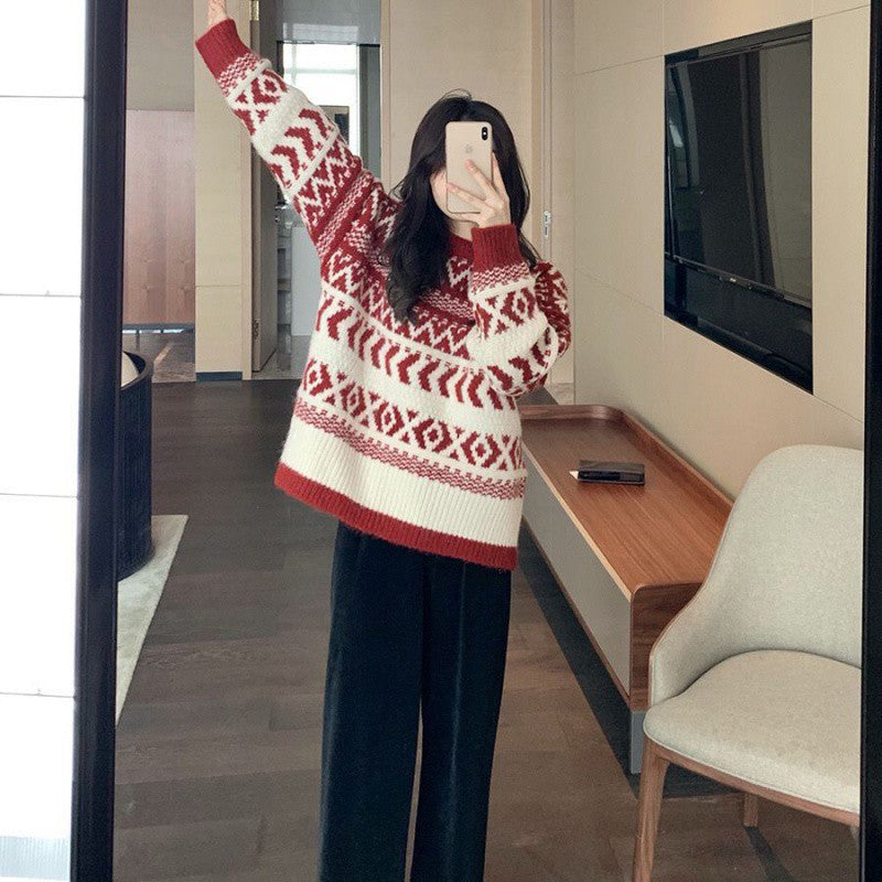 Loose Red Pullover New Year Sweater Top with Round Neck