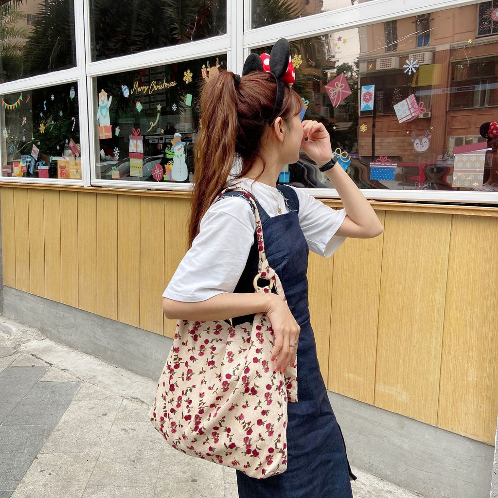 Sac messager rétro grande capacité avec motif rose artistique